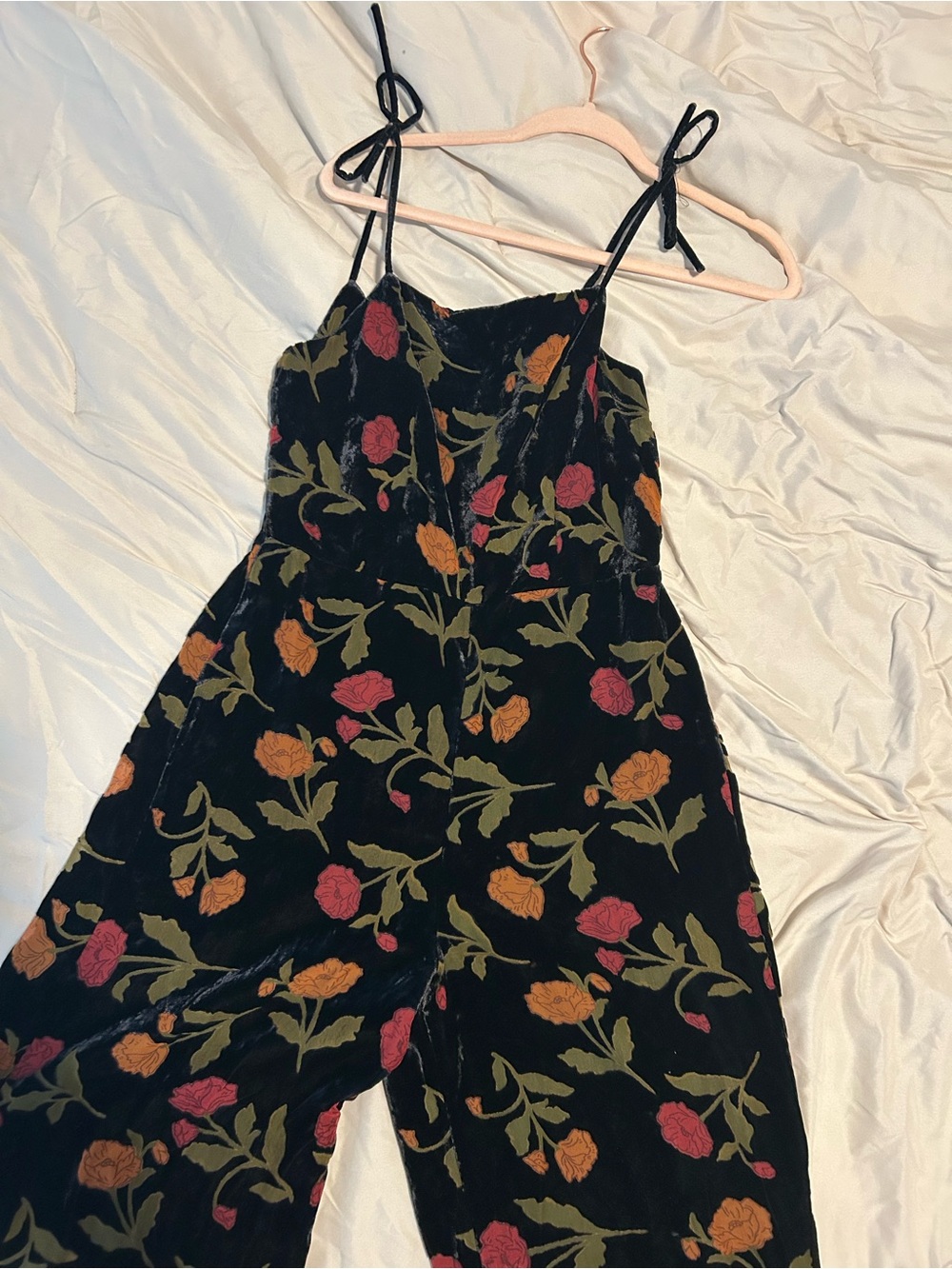 Velvet Tie-Strap Jumpsuit in Black